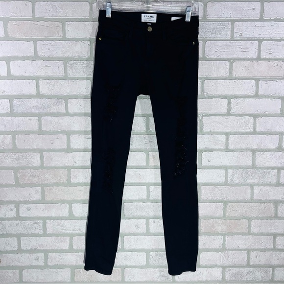Frame Denim Le Skinny de Jeanne Ripped Distressed Film Noir Wash Jeans Size 26 - Picture 5 of 10